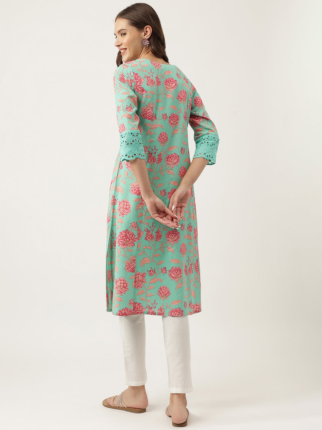 Green Floral Printed Cotton A-Line Kurta | LASVINI - Redefining Indian Fashion with Elegance