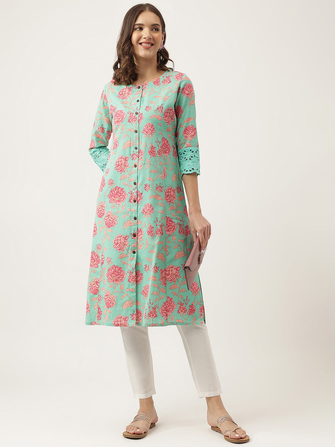 Green Floral Printed Cotton A-Line Kurta | LASVINI - Redefining Indian Fashion with Elegance