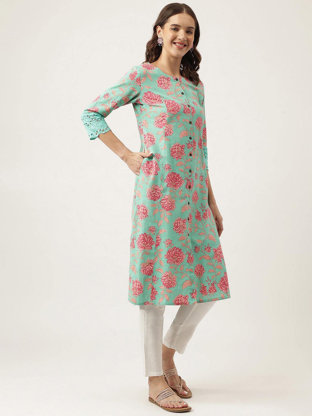 Green Floral Printed Cotton A-Line Kurta | LASVINI - Redefining Indian Fashion with Elegance