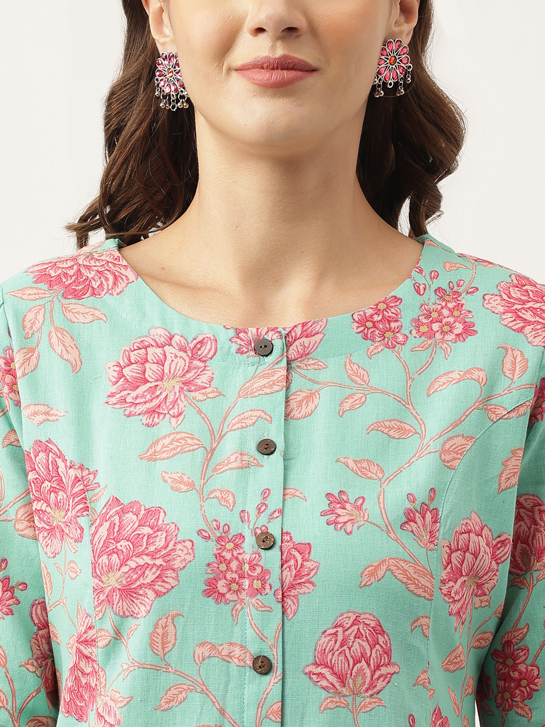 Green Floral Printed Cotton A-Line Kurta | LASVINI - Redefining Indian Fashion with Elegance