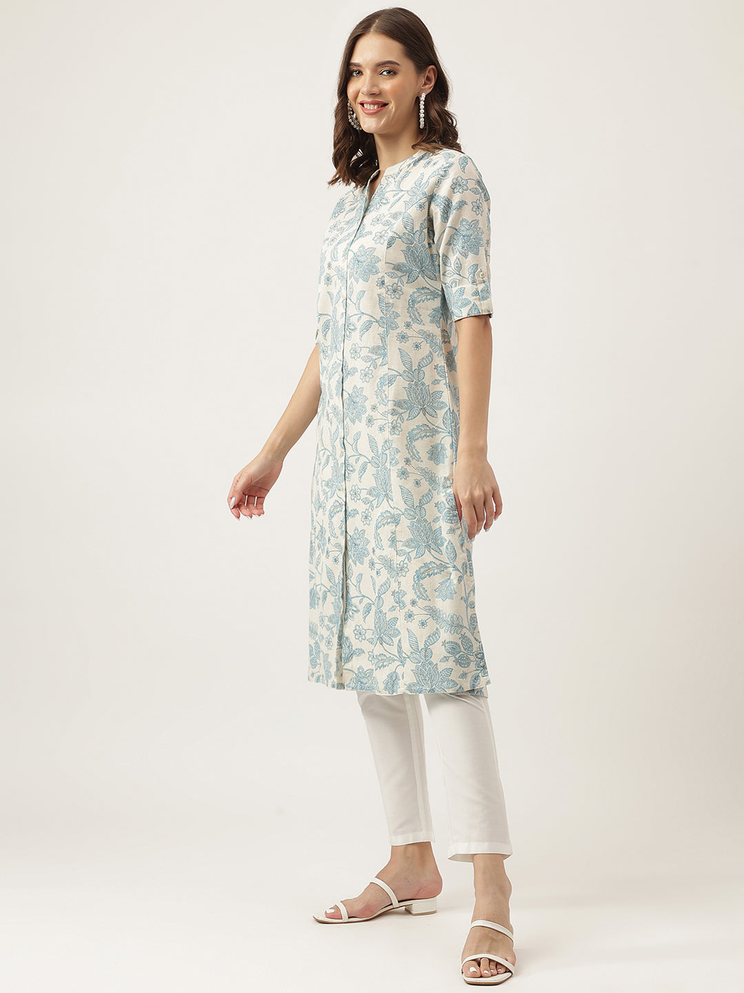 Sky Blue Floral Printed Cotton A-Line Kurta | LASVINI - Redefining Indian Fashion with Elegance