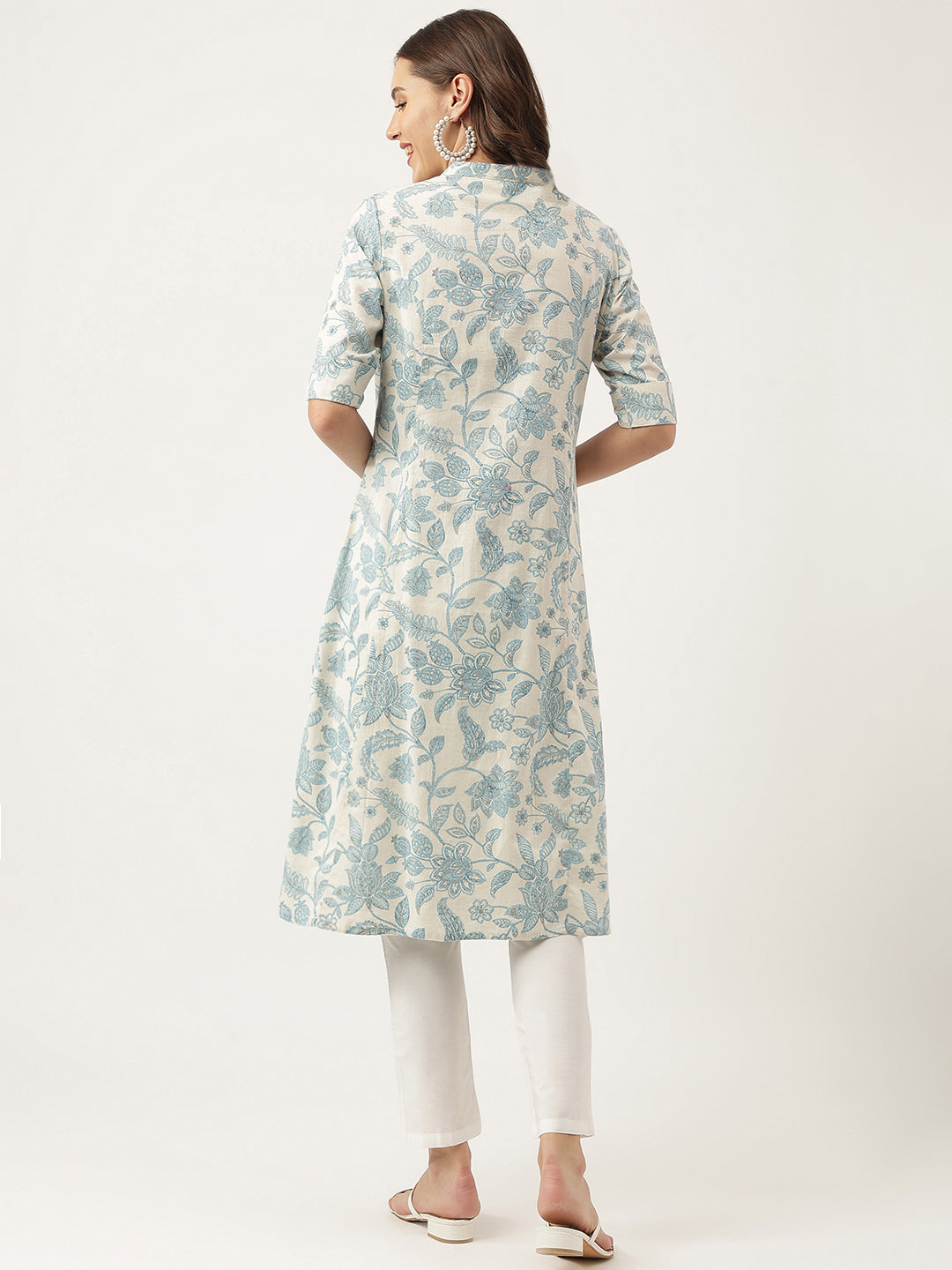Sky Blue Floral Printed Cotton A-Line Kurta | LASVINI - Redefining Indian Fashion with Elegance