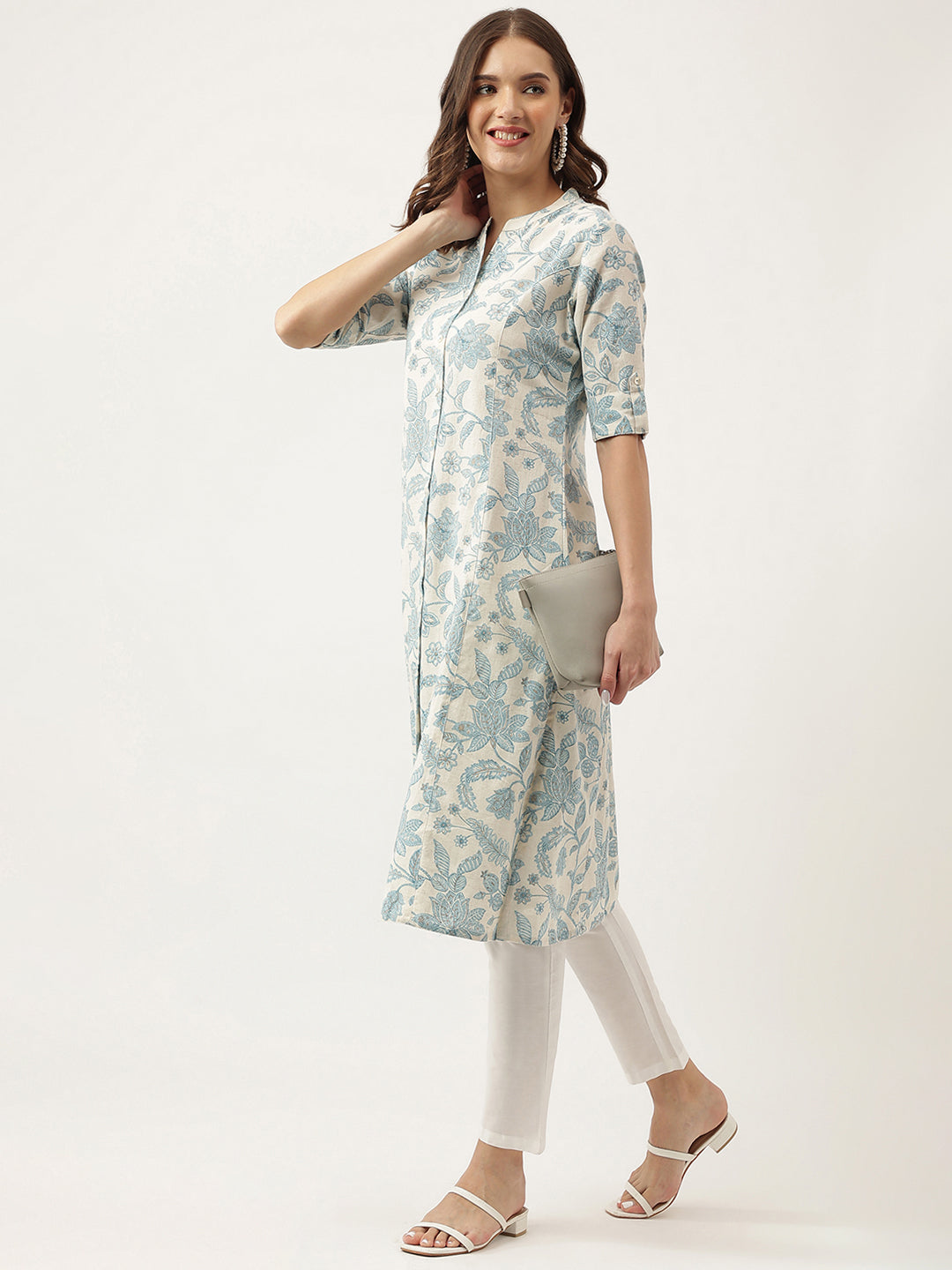 Sky Blue Floral Printed Cotton A-Line Kurta | LASVINI - Redefining Indian Fashion with Elegance