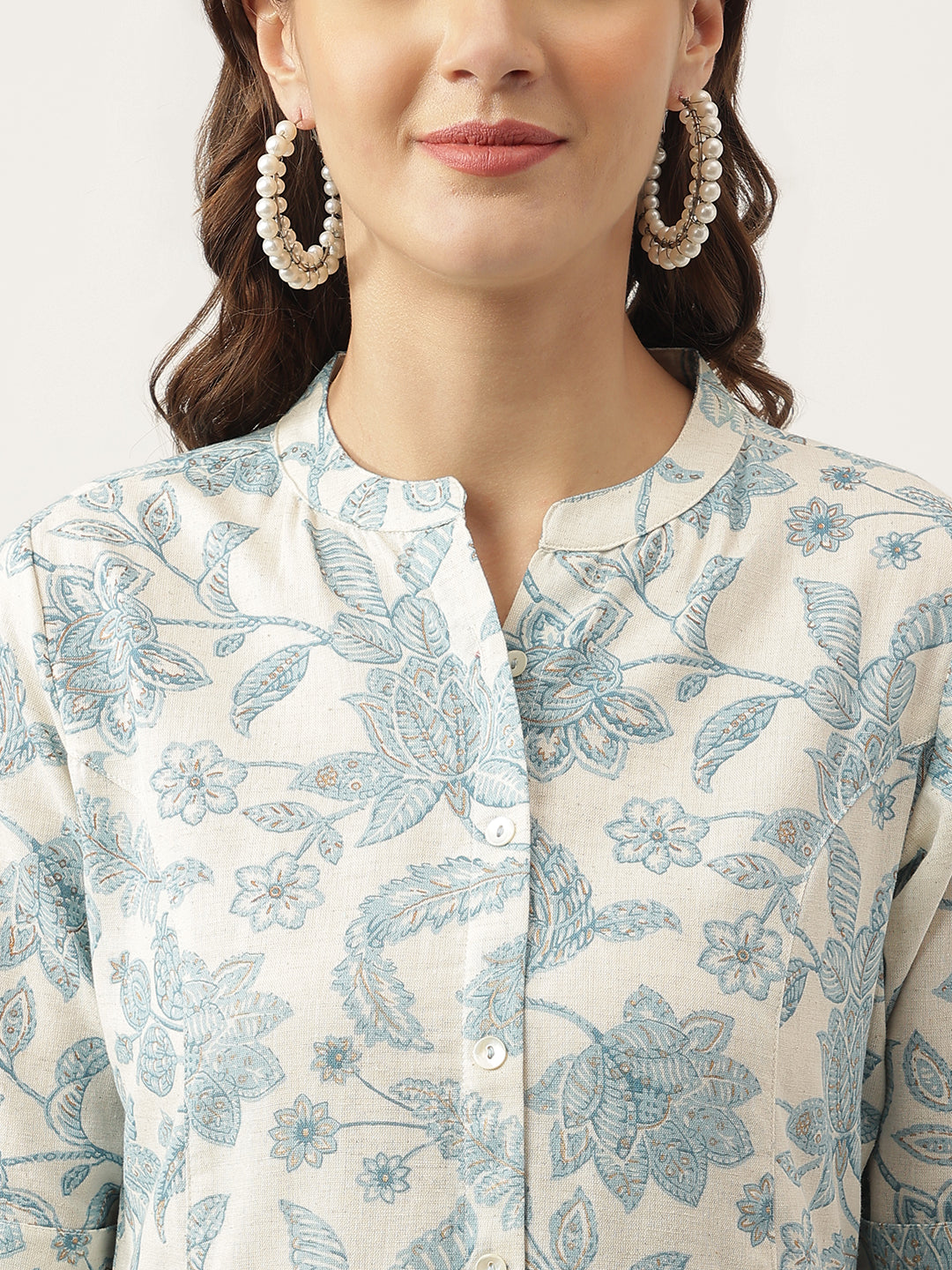 Sky Blue Floral Printed Cotton A-Line Kurta | LASVINI - Redefining Indian Fashion with Elegance