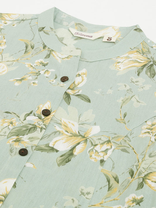 Green Cotton Ethnic Motifs Floral Print Kurta | LASVINI - Redefining Indian Fashion with Elegance