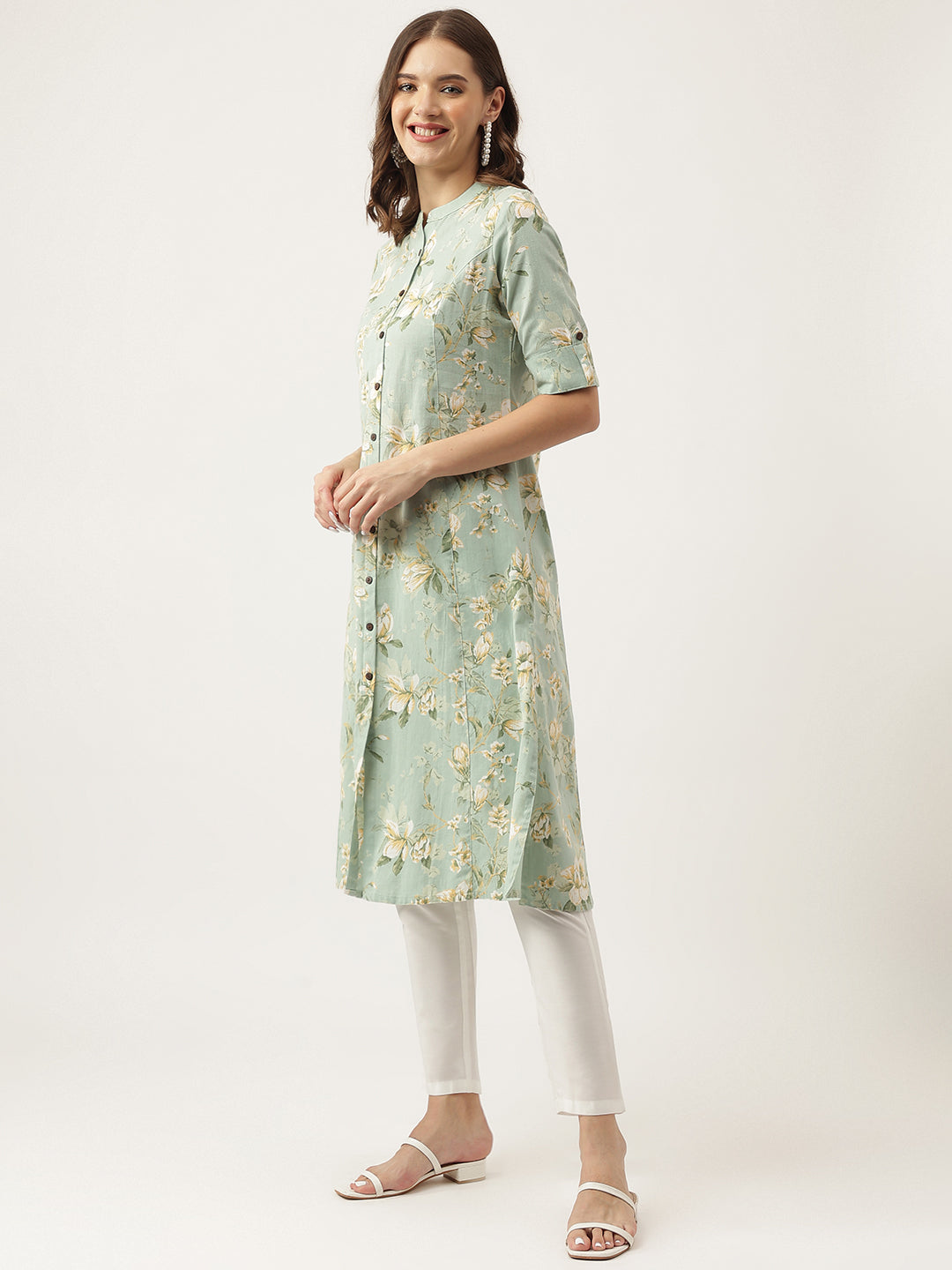 Green Cotton Ethnic Motifs Floral Print Kurta | LASVINI - Redefining Indian Fashion with Elegance