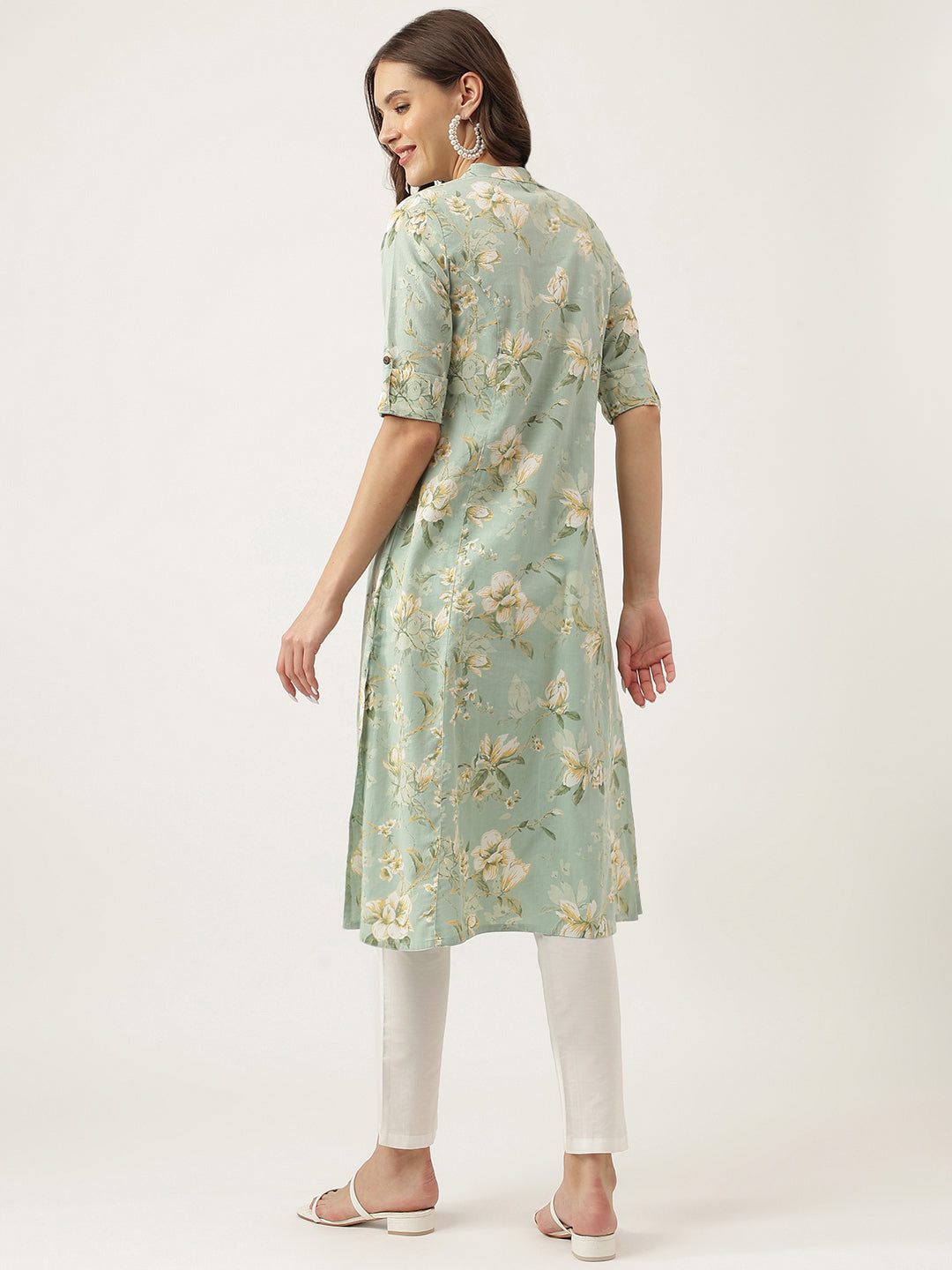 Green Cotton Ethnic Motifs Floral Print Kurta | LASVINI - Redefining Indian Fashion with Elegance
