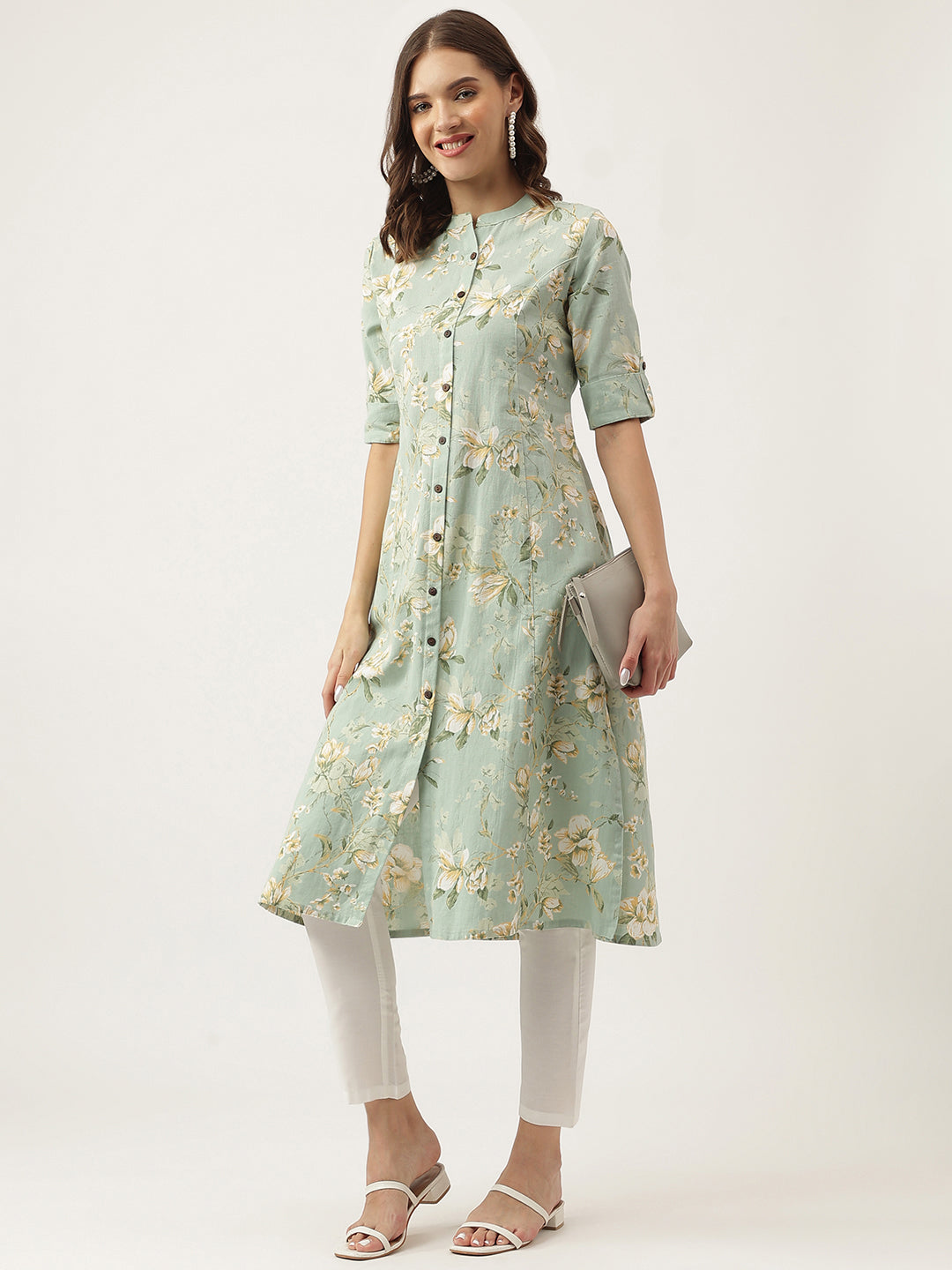 Green Cotton Ethnic Motifs Floral Print Kurta | LASVINI - Redefining Indian Fashion with Elegance