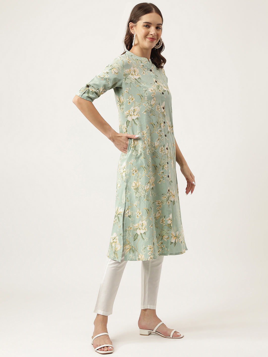 Green Cotton Ethnic Motifs Floral Print Kurta | LASVINI - Redefining Indian Fashion with Elegance