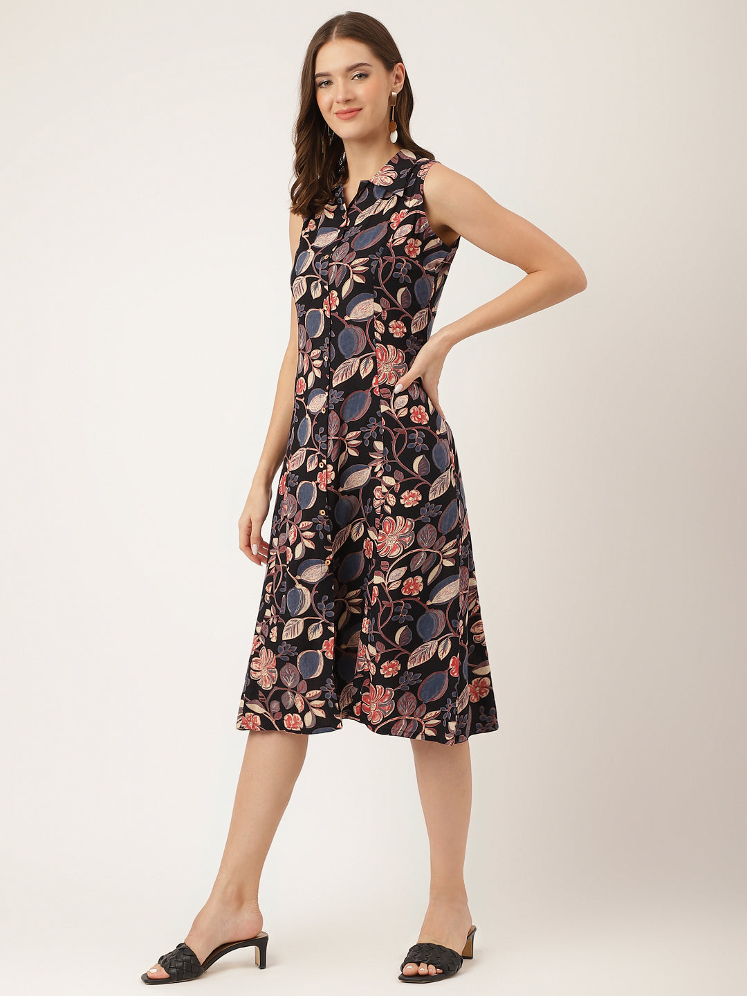 Navy Blue Floral Print Rayon A-Line Midi Dress With Attached Sleeves For Women | LASVINI - Redefining Indian Fashion with Elegance