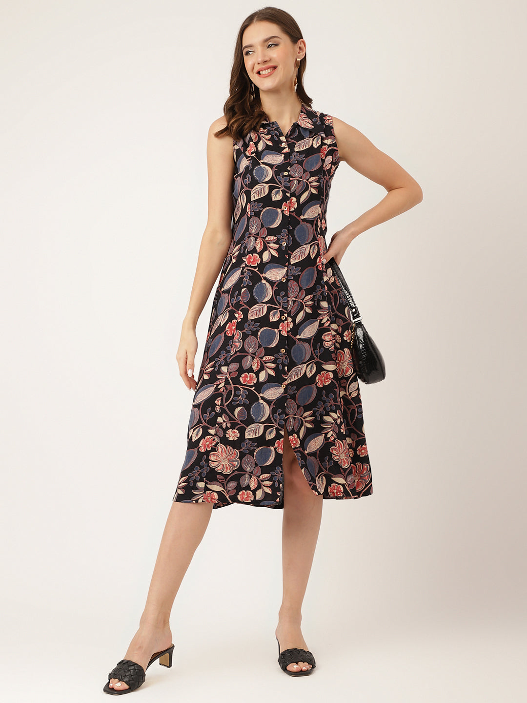 Navy Blue Floral Print Rayon A-Line Midi Dress With Attached Sleeves For Women | LASVINI - Redefining Indian Fashion with Elegance