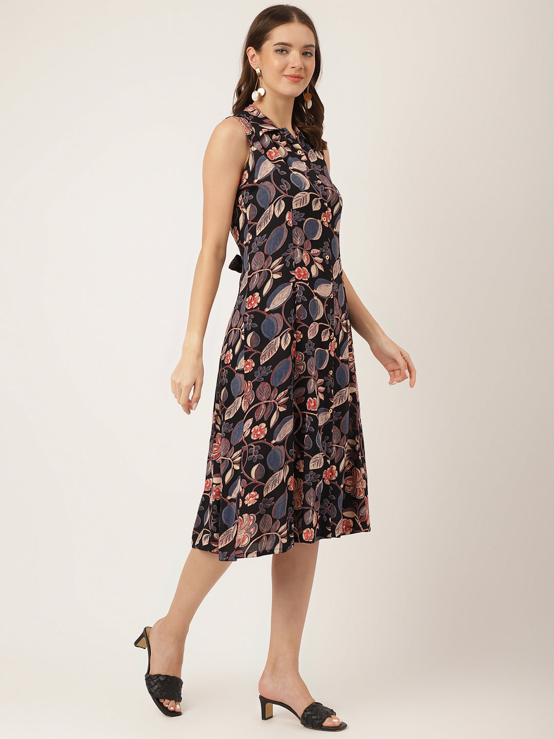 Navy Blue Floral Print Rayon A-Line Midi Dress With Attached Sleeves For Women | LASVINI - Redefining Indian Fashion with Elegance