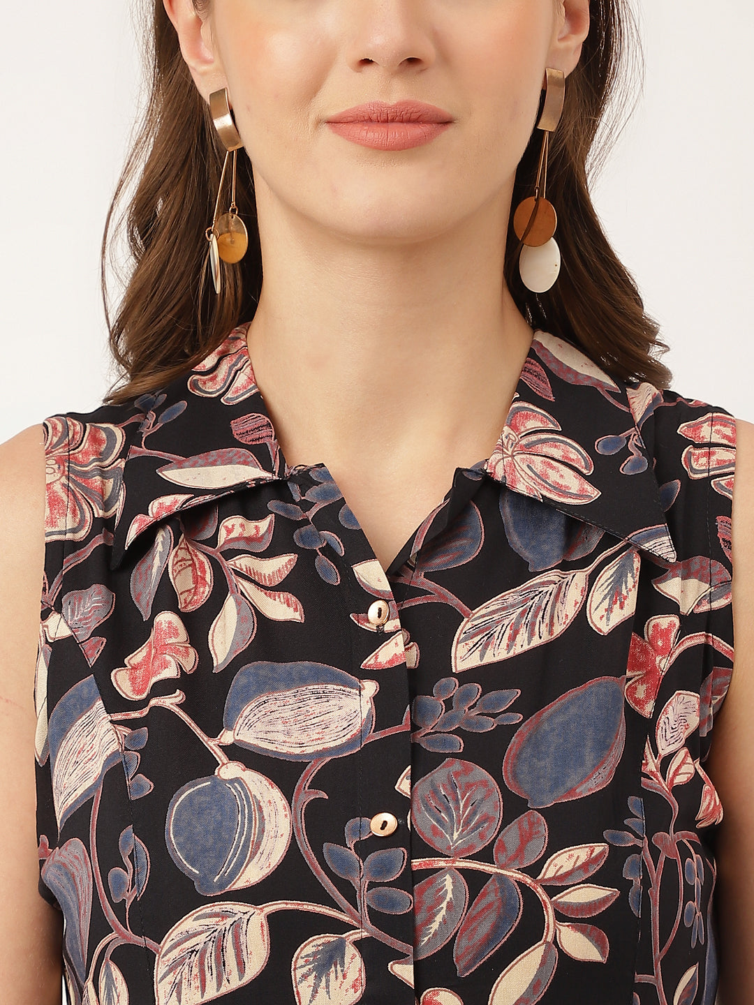 Navy Blue Floral Print Rayon A-Line Midi Dress With Attached Sleeves For Women | LASVINI - Redefining Indian Fashion with Elegance