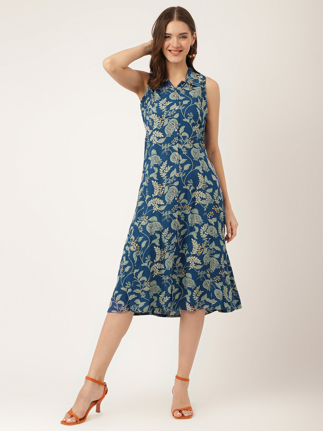 Blue Floral Print Rayon A-Line Midi Dress With Attached Sleeves For Women | LASVINI - Redefining Indian Fashion with Elegance