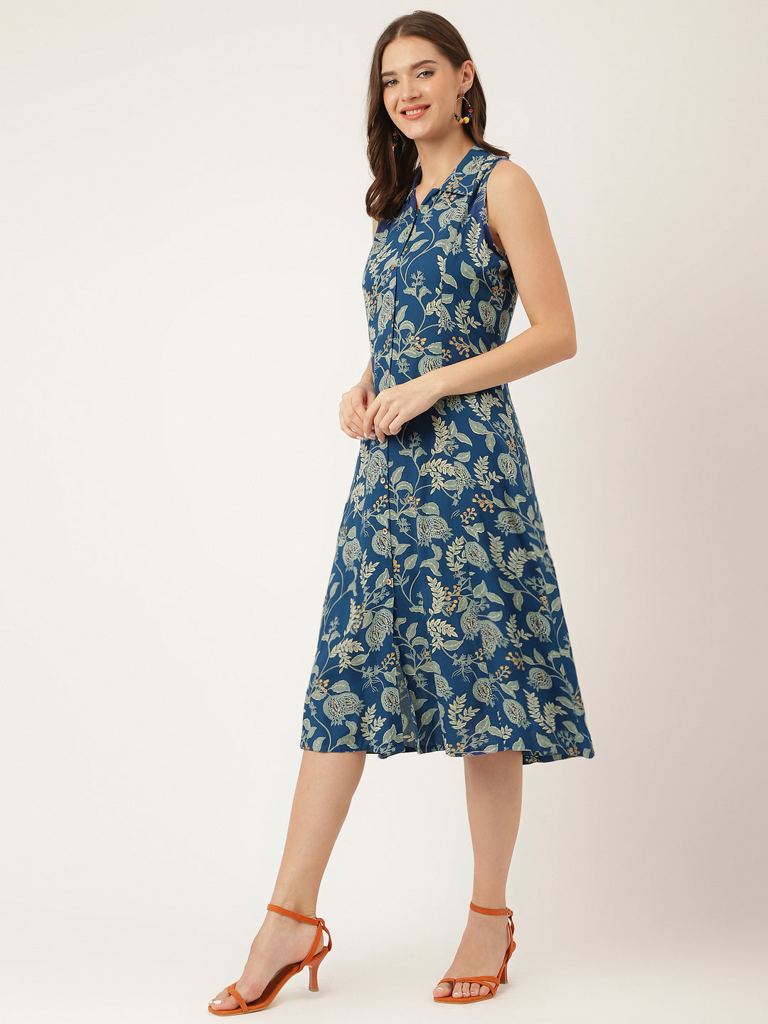 Blue Floral Print Rayon A-Line Midi Dress With Attached Sleeves For Women | LASVINI - Redefining Indian Fashion with Elegance