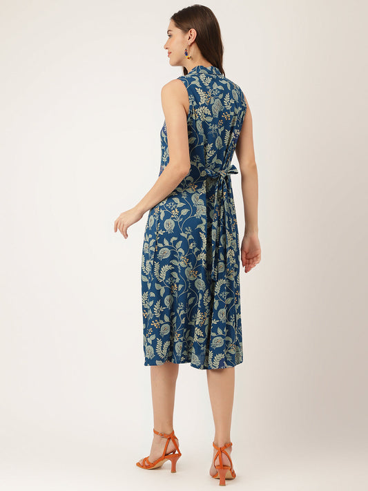 Blue Floral Print Rayon A-Line Midi Dress With Attached Sleeves For Women | LASVINI - Redefining Indian Fashion with Elegance