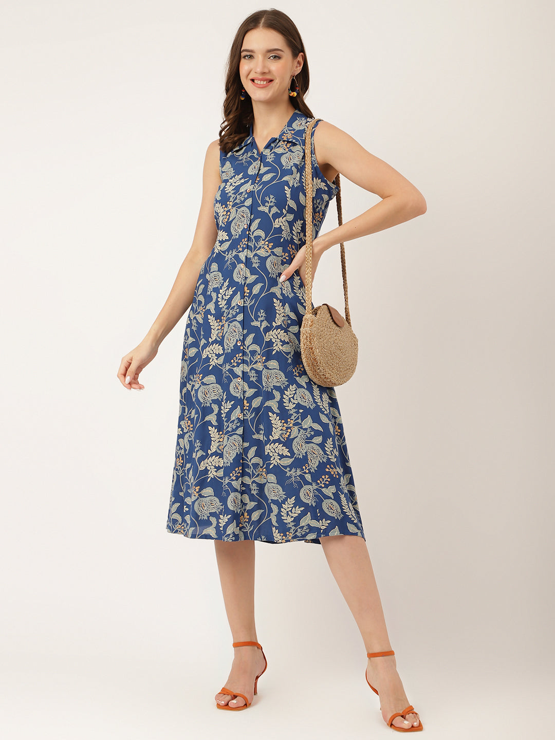 Blue Floral Print Rayon A-Line Midi Dress With Attached Sleeves For Women | LASVINI - Redefining Indian Fashion with Elegance