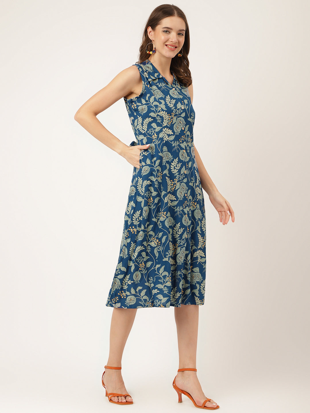 Blue Floral Print Rayon A-Line Midi Dress With Attached Sleeves For Women | LASVINI - Redefining Indian Fashion with Elegance