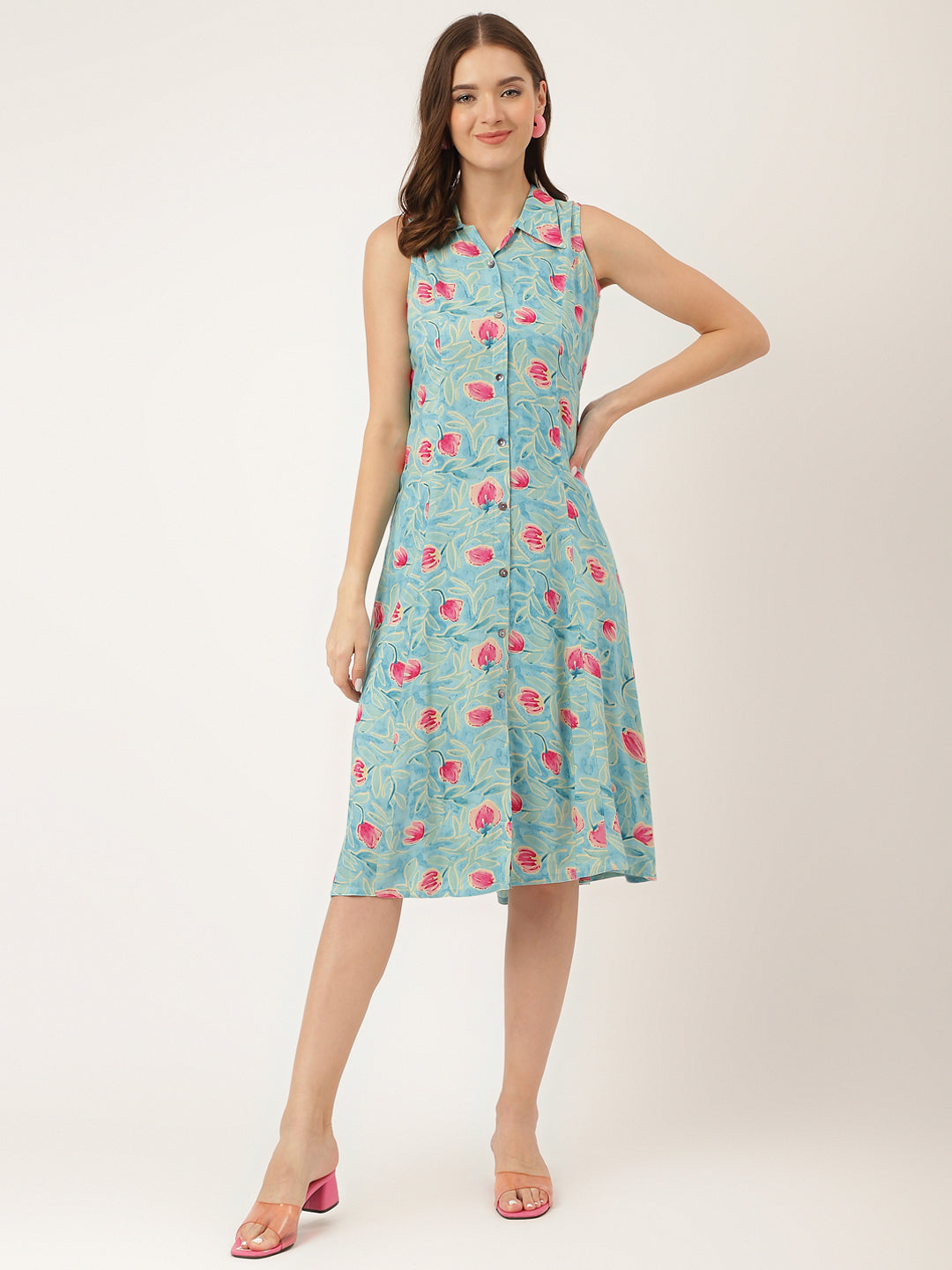 Blue Floral Print Rayon A-Line Midi Dress With Attached Sleeves For Women | LASVINI - Redefining Indian Fashion with Elegance