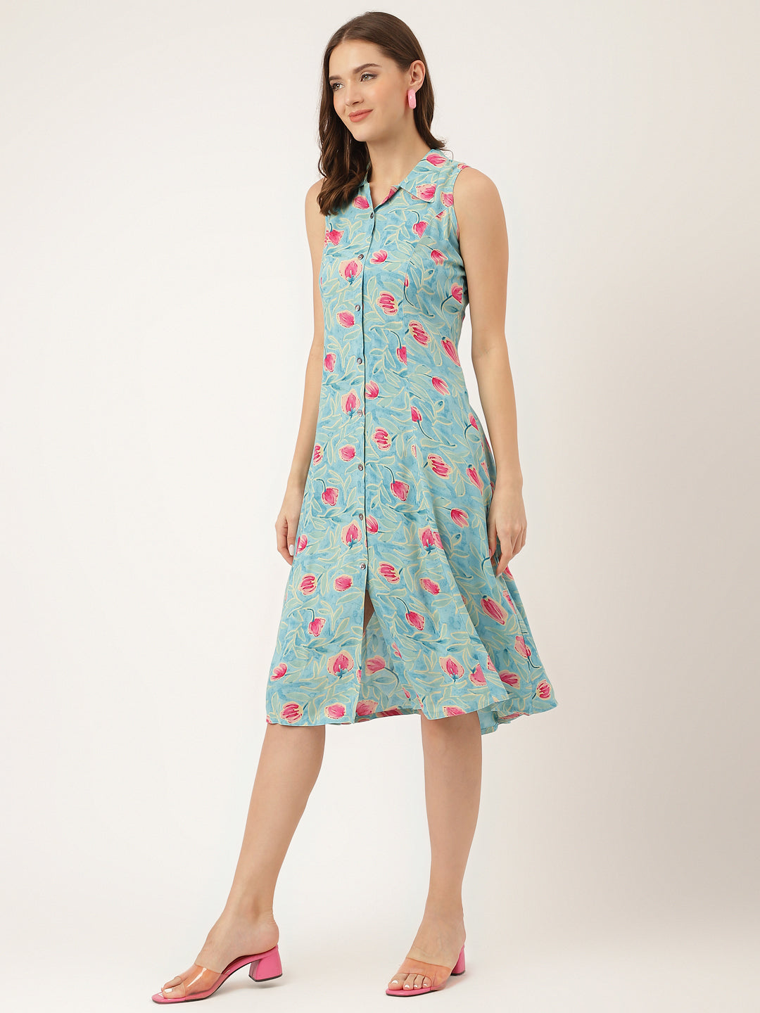 Blue Floral Print Rayon A-Line Midi Dress With Attached Sleeves For Women | LASVINI - Redefining Indian Fashion with Elegance