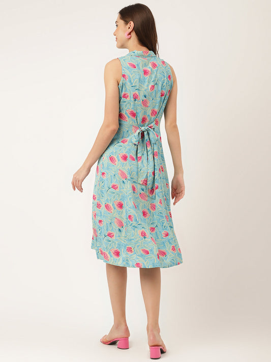 Blue Floral Print Rayon A-Line Midi Dress With Attached Sleeves For Women | LASVINI - Redefining Indian Fashion with Elegance