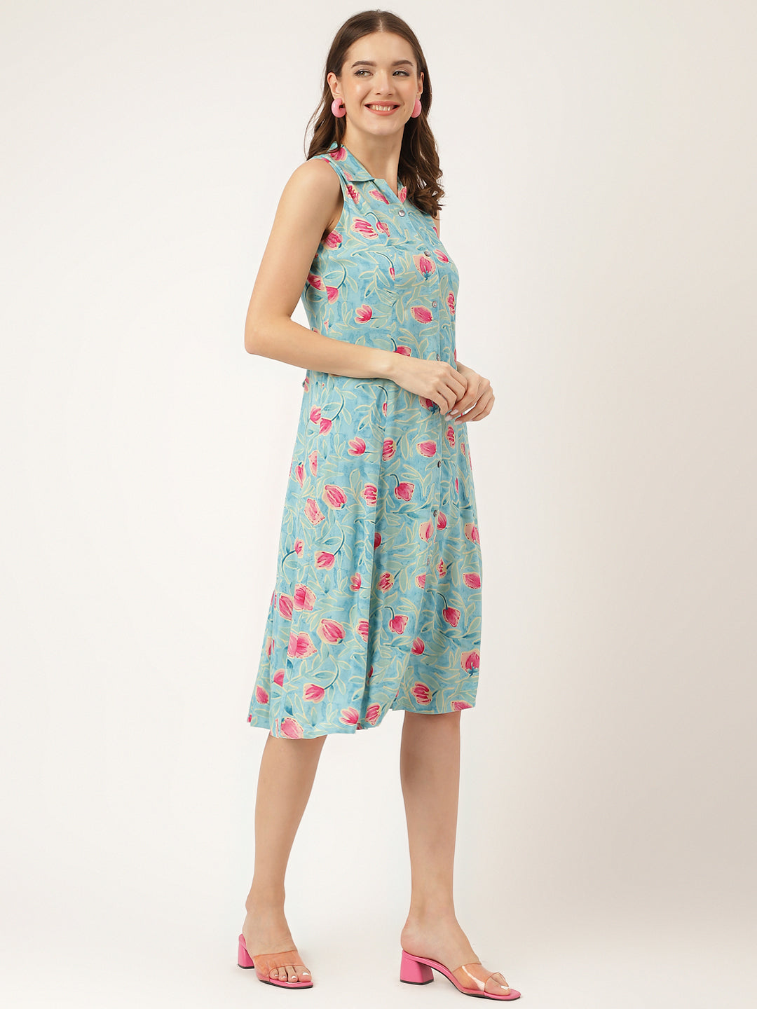 Blue Floral Print Rayon A-Line Midi Dress With Attached Sleeves For Women | LASVINI - Redefining Indian Fashion with Elegance