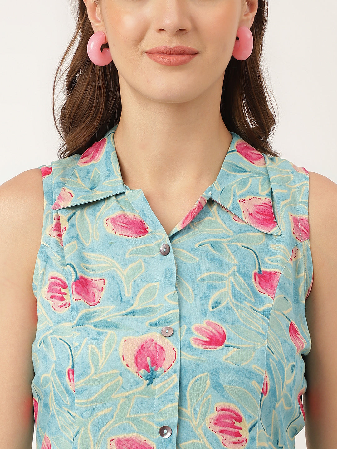 Blue Floral Print Rayon A-Line Midi Dress With Attached Sleeves For Women | LASVINI - Redefining Indian Fashion with Elegance