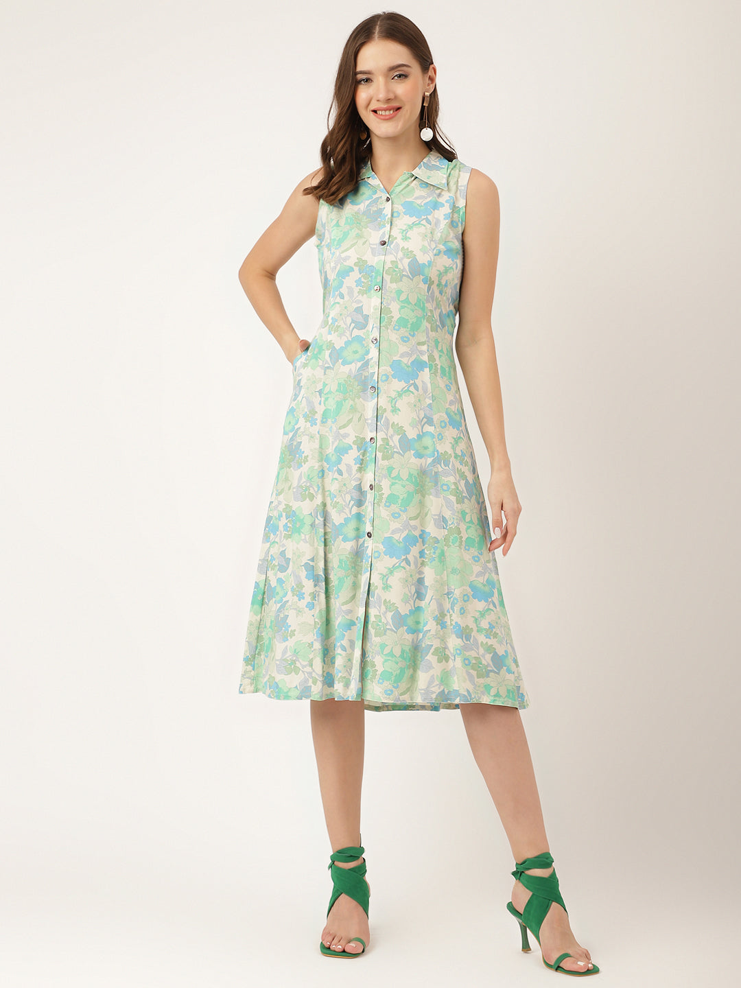 Green Floral Print Rayon A-Line Midi Dress With Attached Sleeves For Women | LASVINI - Redefining Indian Fashion with Elegance