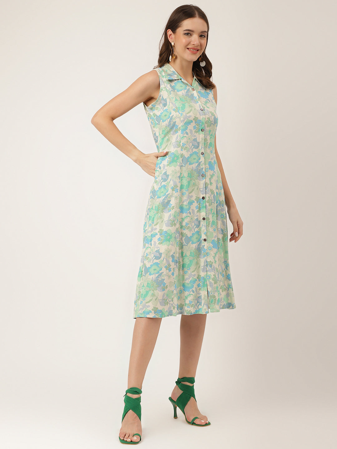 Green Floral Print Rayon A-Line Midi Dress With Attached Sleeves For Women | LASVINI - Redefining Indian Fashion with Elegance