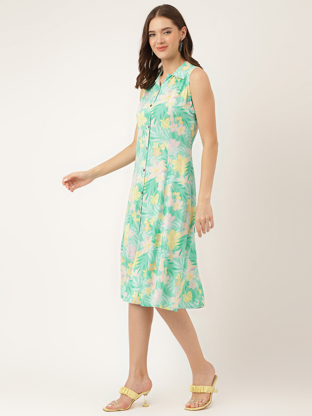 Green Floral Print Rayon A-Line Midi Dress With Attached Sleeves For Women | LASVINI - Redefining Indian Fashion with Elegance