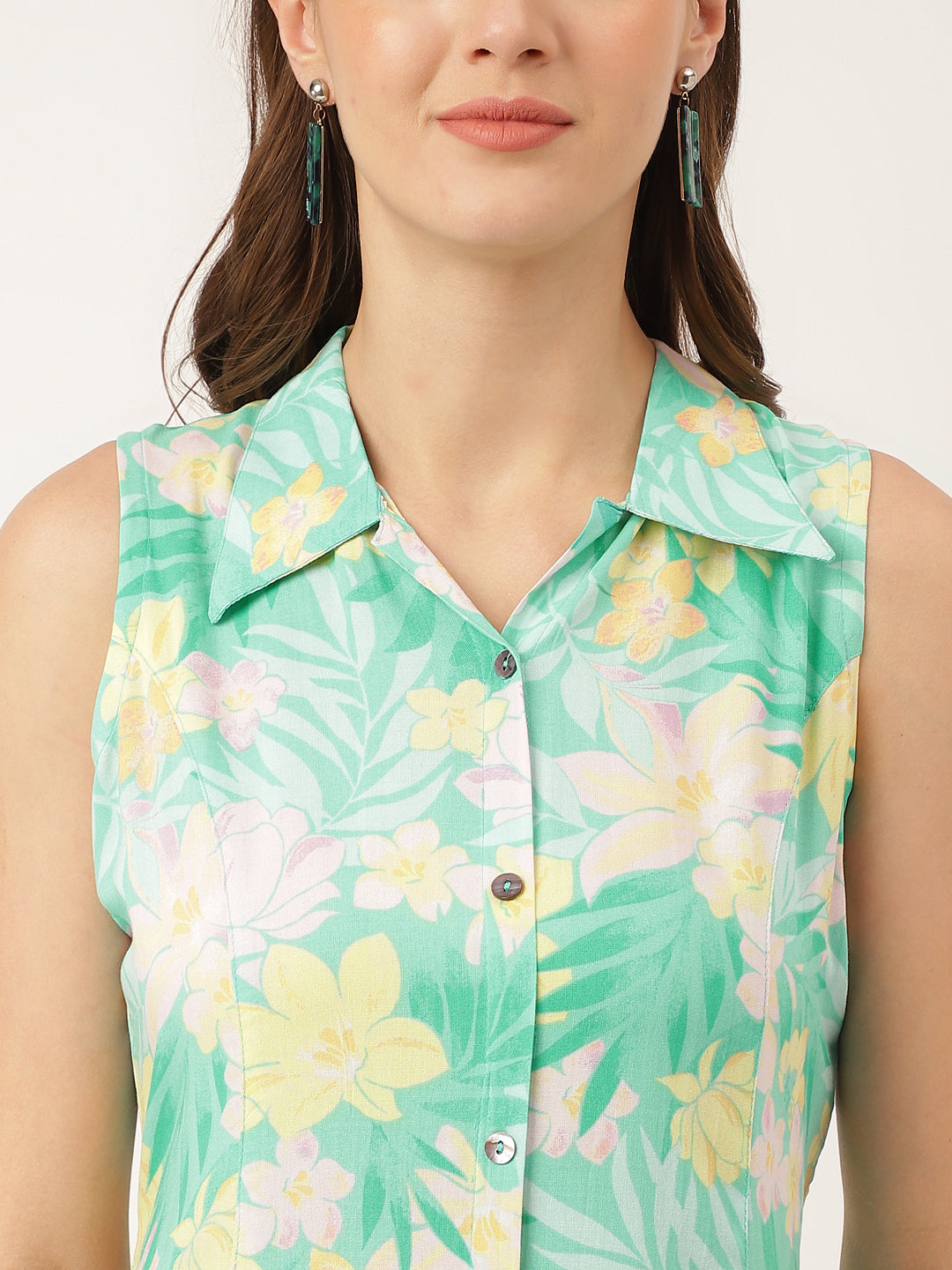 Green Floral Print Rayon A-Line Midi Dress With Attached Sleeves For Women | LASVINI - Redefining Indian Fashion with Elegance