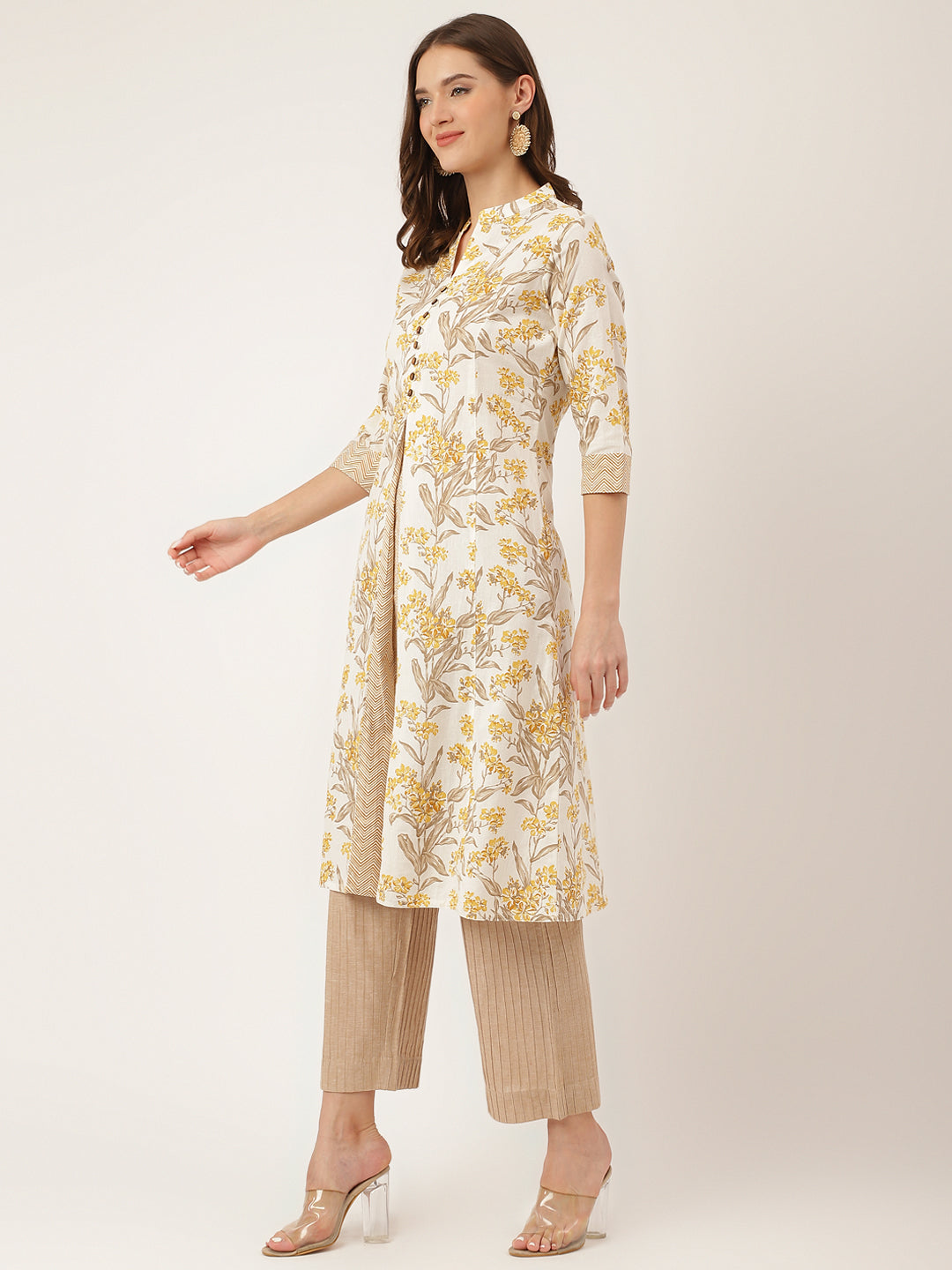 Yellow Floral Print Cotton A-Line Kurta | LASVINI - Redefining Indian Fashion with Elegance
