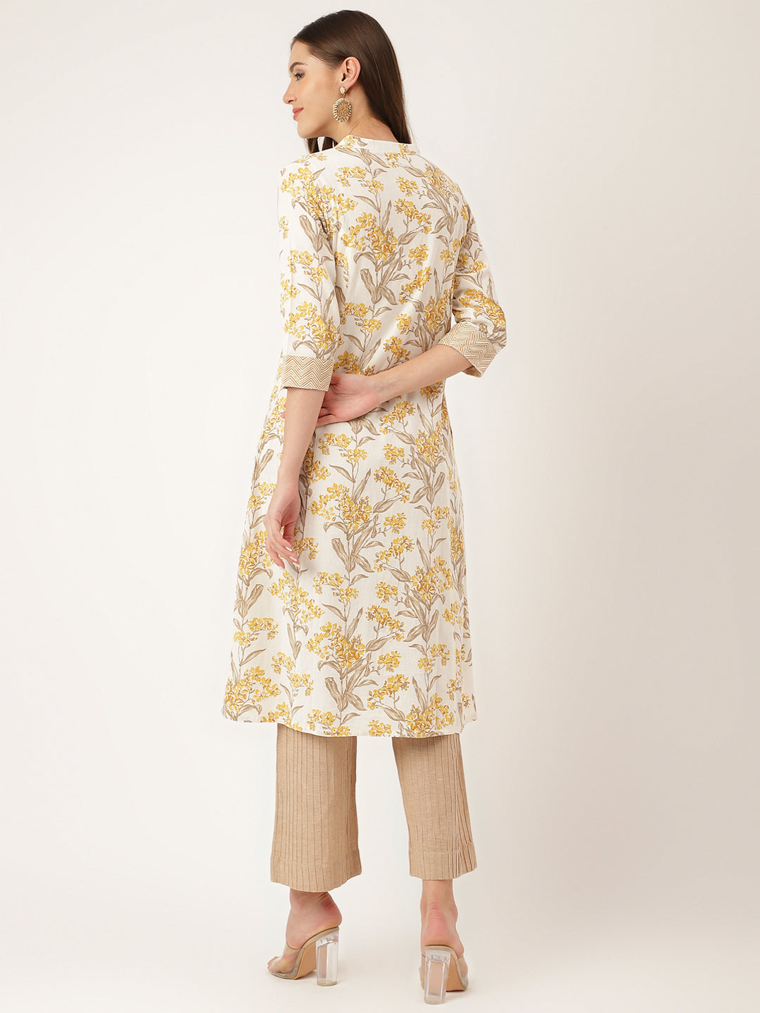 Yellow Floral Print Cotton A-Line Kurta | LASVINI - Redefining Indian Fashion with Elegance