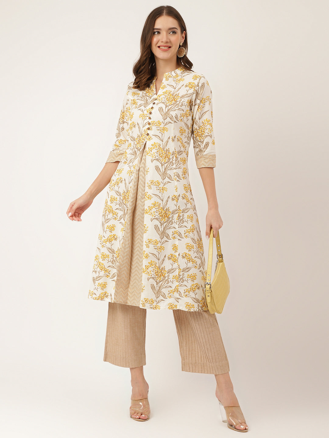 Yellow Floral Print Cotton A-Line Kurta | LASVINI - Redefining Indian Fashion with Elegance