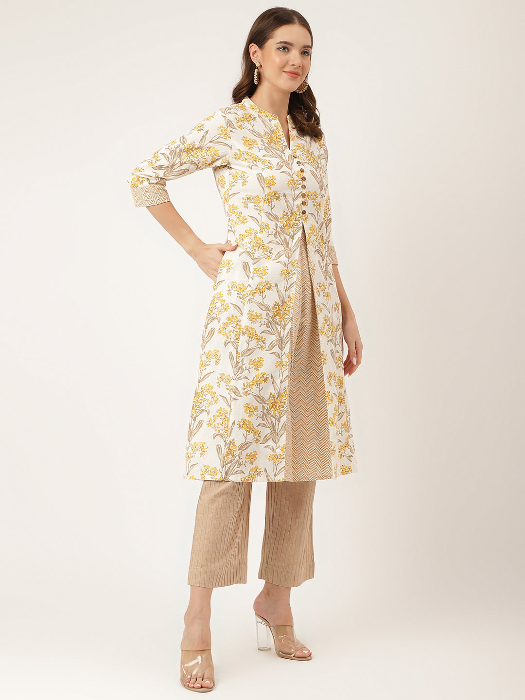 Yellow Floral Print Cotton A-Line Kurta | LASVINI - Redefining Indian Fashion with Elegance