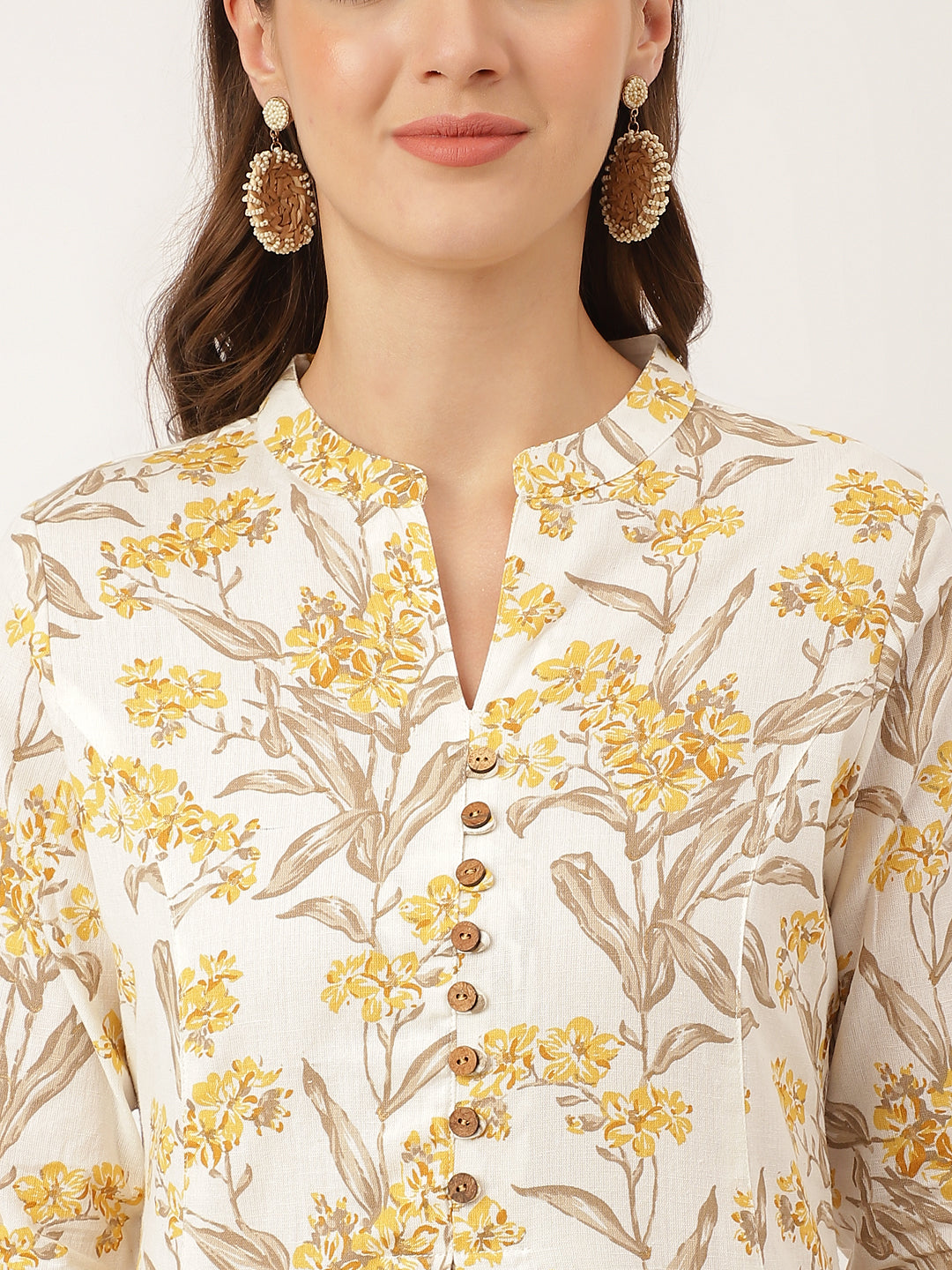 Yellow Floral Print Cotton A-Line Kurta | LASVINI - Redefining Indian Fashion with Elegance
