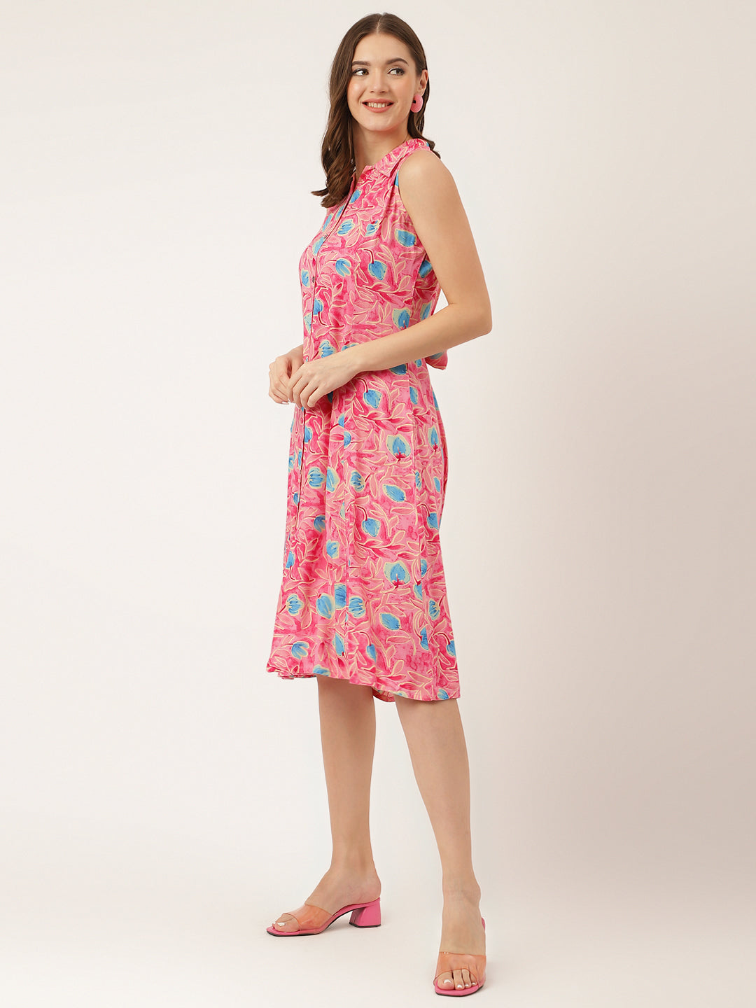 Pink Floral Print Rayon A-Line Midi Dress With Attached Sleeves For Women | LASVINI - Redefining Indian Fashion with Elegance
