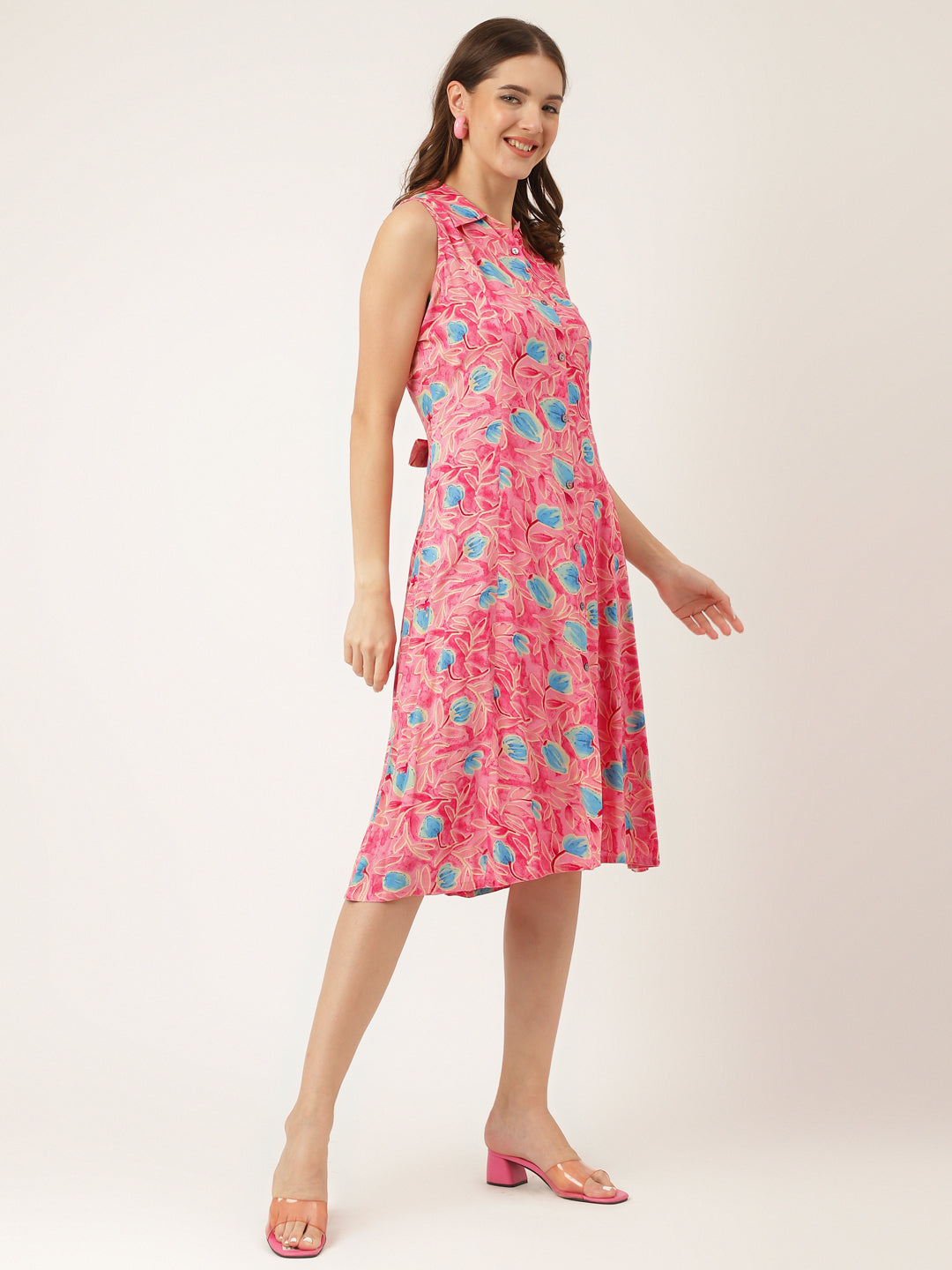 Pink Floral Print Rayon A-Line Midi Dress With Attached Sleeves For Women | LASVINI - Redefining Indian Fashion with Elegance