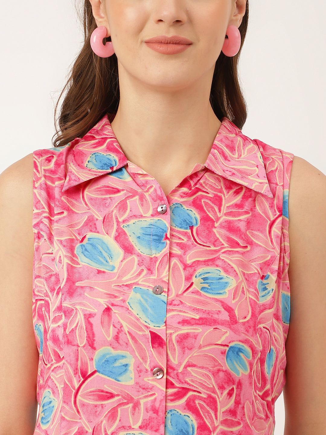 Pink Floral Print Rayon A-Line Midi Dress With Attached Sleeves For Women | LASVINI - Redefining Indian Fashion with Elegance