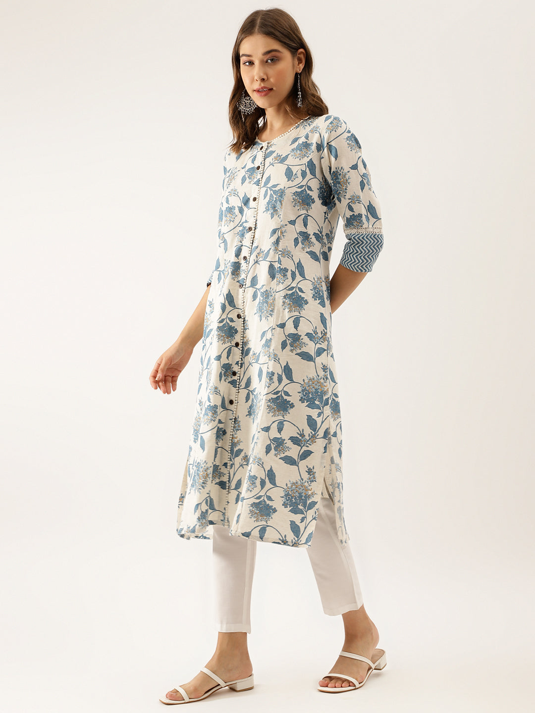 Blue Floral Printed A-Line Kurta | LASVINI - Redefining Indian Fashion with Elegance
