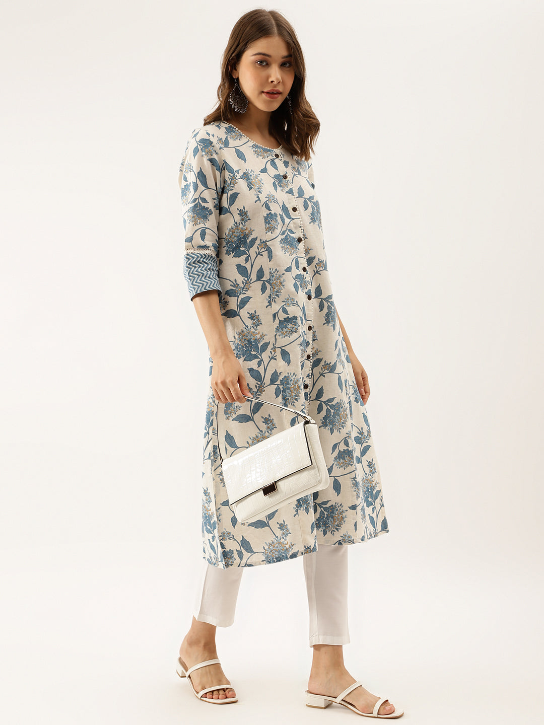 Blue Floral Printed A-Line Kurta | LASVINI - Redefining Indian Fashion with Elegance