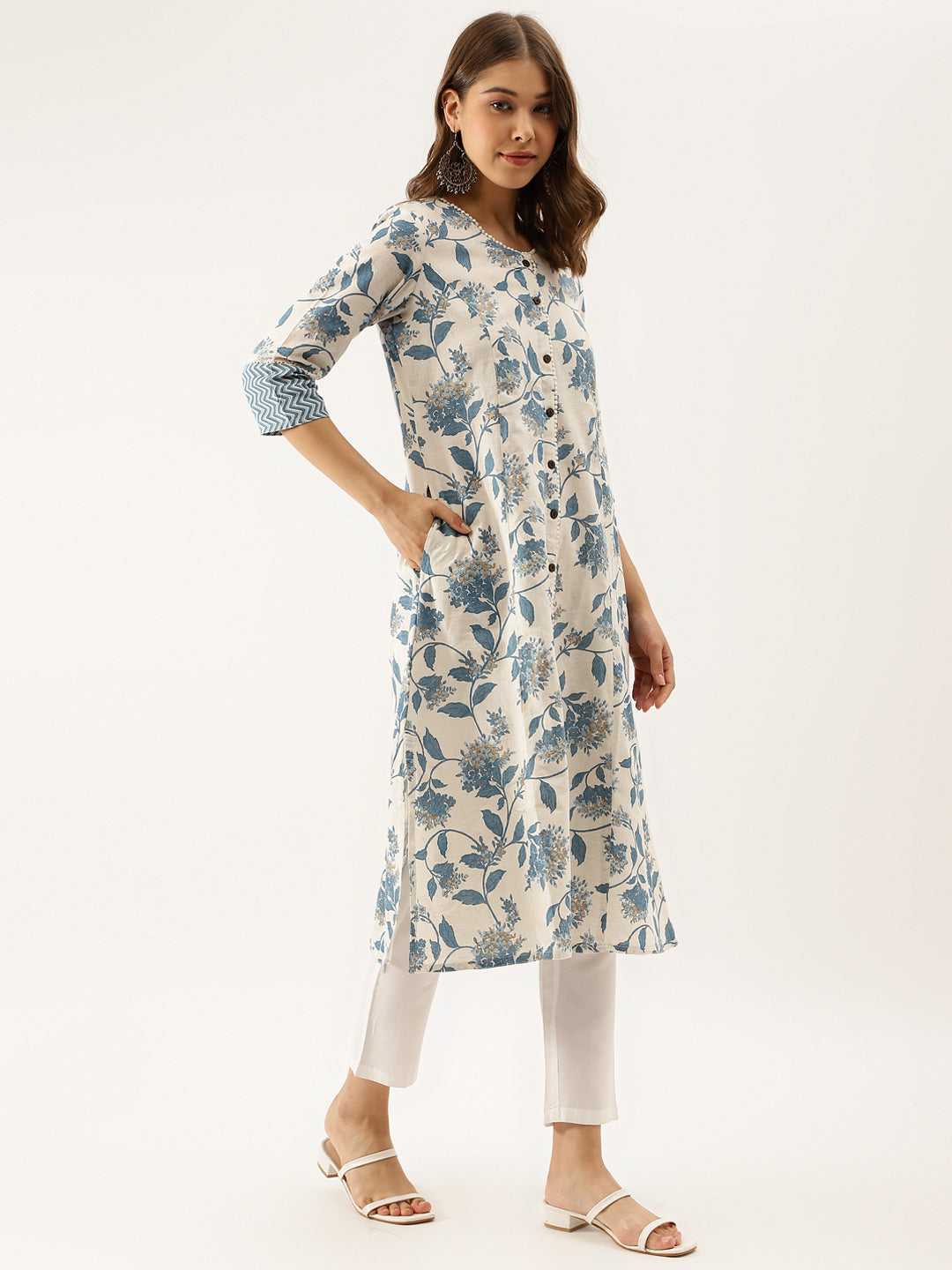 Blue Floral Printed A-Line Kurta | LASVINI - Redefining Indian Fashion with Elegance