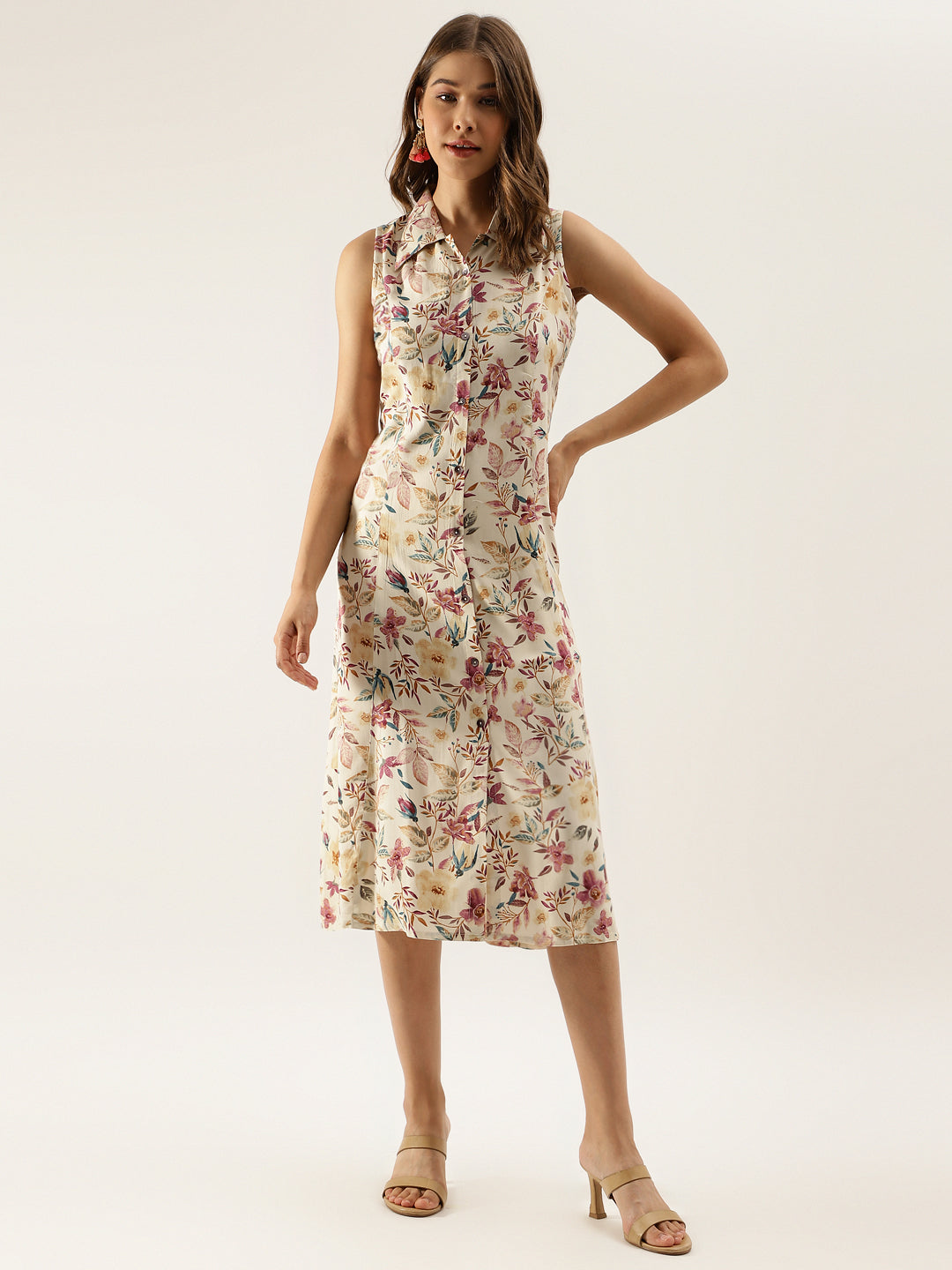 Women Cream Floral Printed Rayon Midi Dress With Attached Sleeves | LASVINI - Redefining Indian Fashion with Elegance