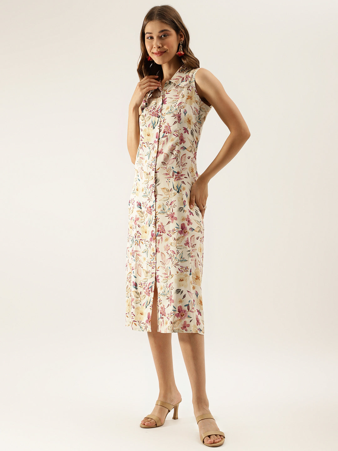 Women Cream Floral Printed Rayon Midi Dress With Attached Sleeves | LASVINI - Redefining Indian Fashion with Elegance