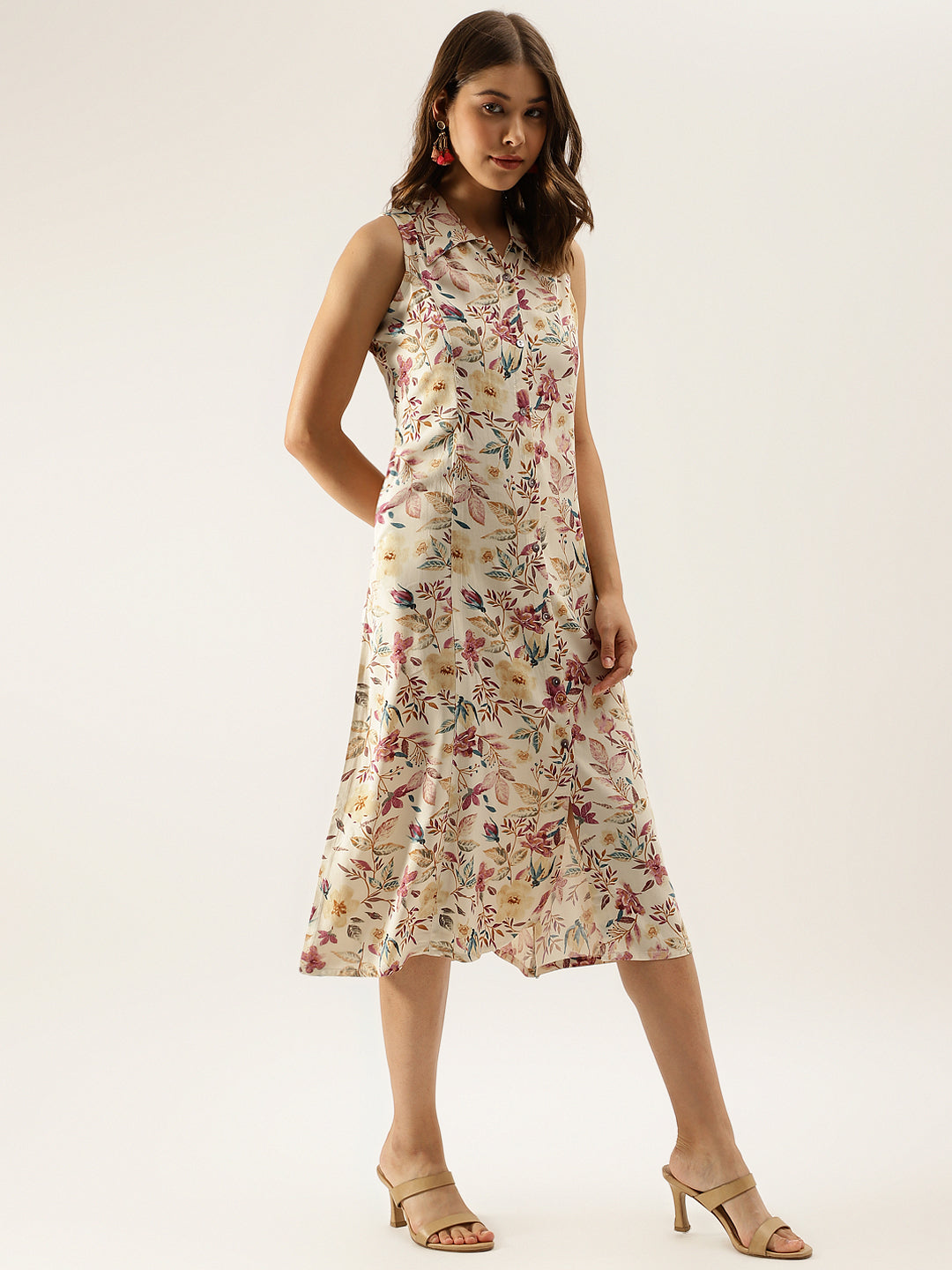 Women Cream Floral Printed Rayon Midi Dress With Attached Sleeves | LASVINI - Redefining Indian Fashion with Elegance