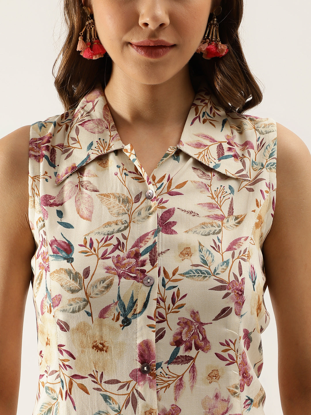 Women Cream Floral Printed Rayon Midi Dress With Attached Sleeves | LASVINI - Redefining Indian Fashion with Elegance