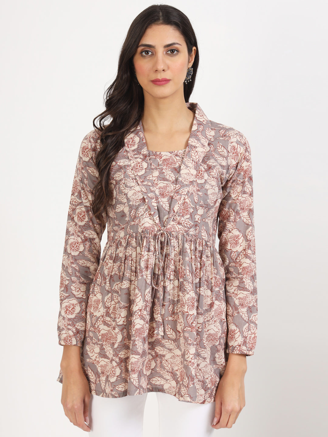 Women Grey Floral Printed Cotton Top | LASVINI - Redefining Indian Fashion with Elegance