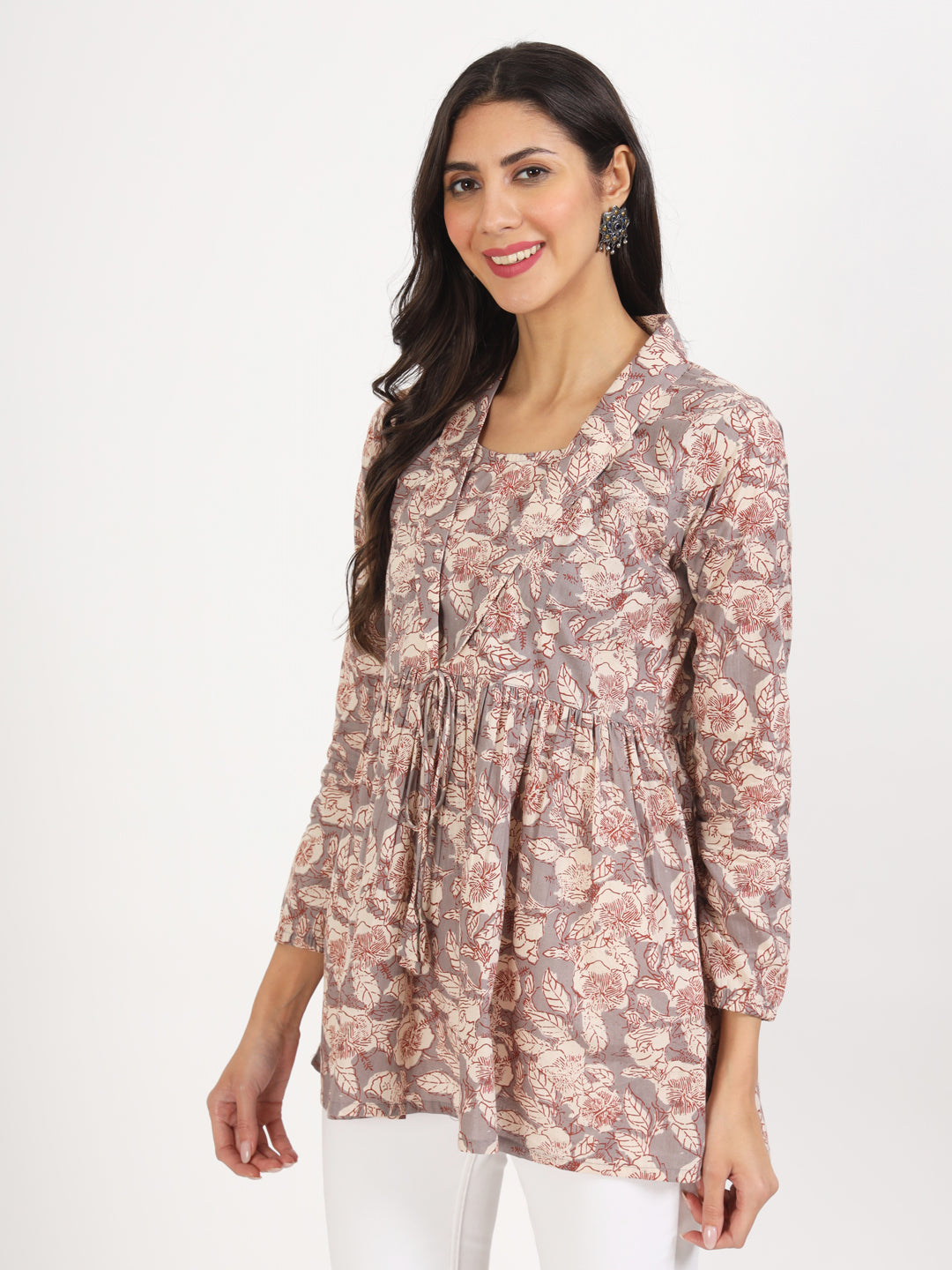 Women Grey Floral Printed Cotton Top | LASVINI - Redefining Indian Fashion with Elegance