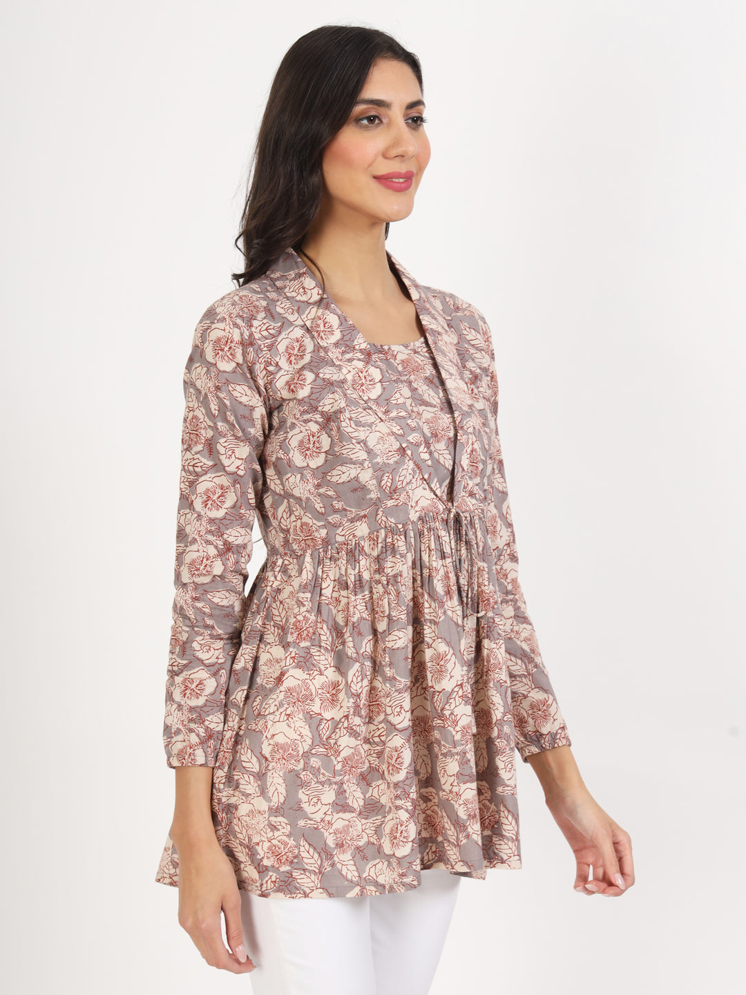 Women Grey Floral Printed Cotton Top | LASVINI - Redefining Indian Fashion with Elegance