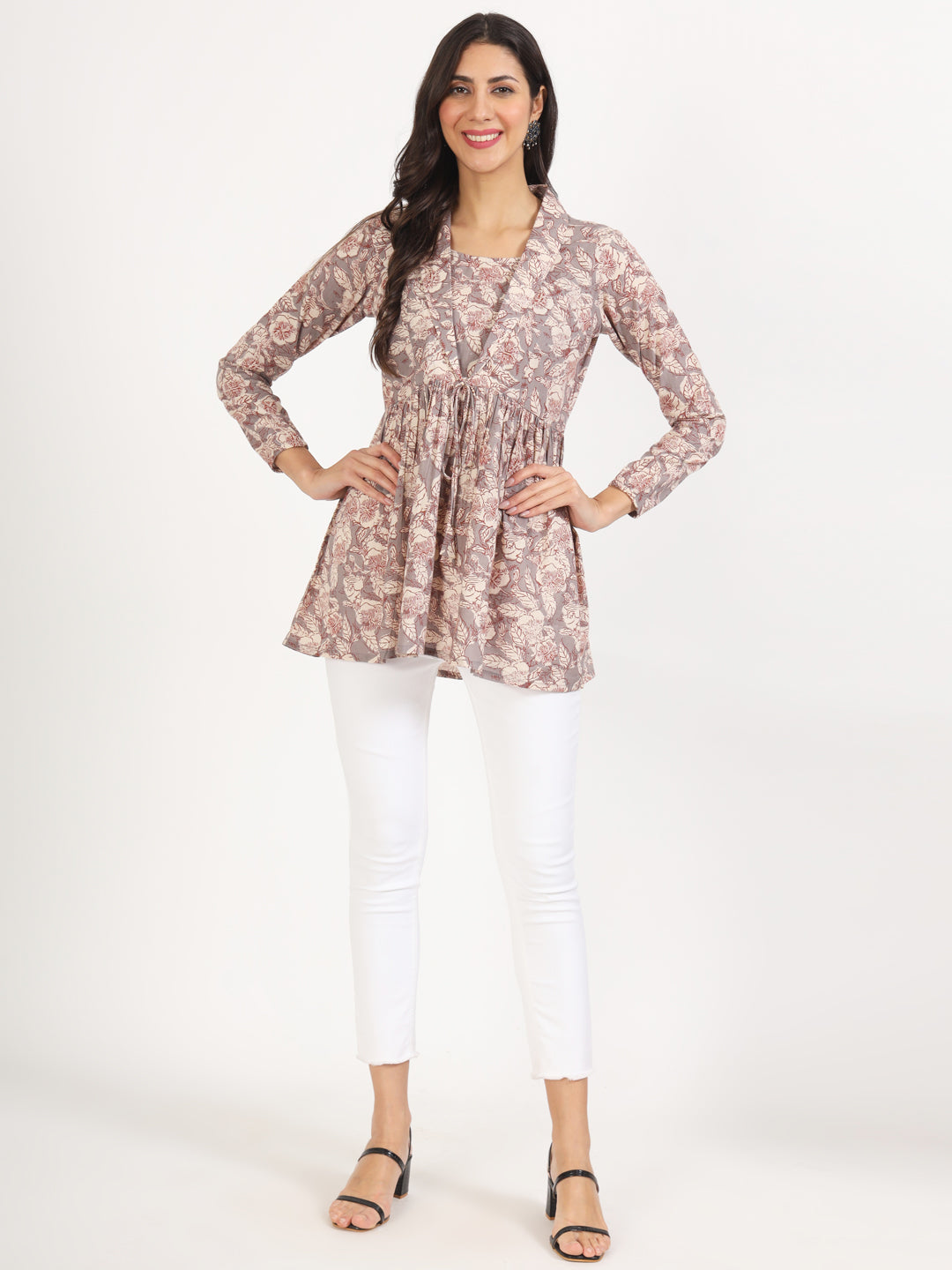 Women Grey Floral Printed Cotton Top | LASVINI - Redefining Indian Fashion with Elegance